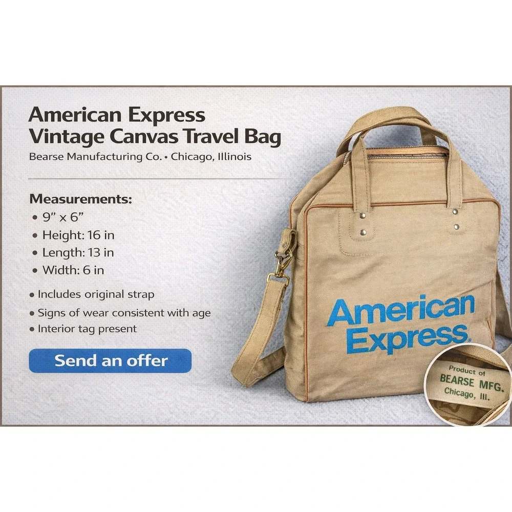 American‎ Express Travel Service Canvas Duffle Bag Beige Blue Logo Zip Top